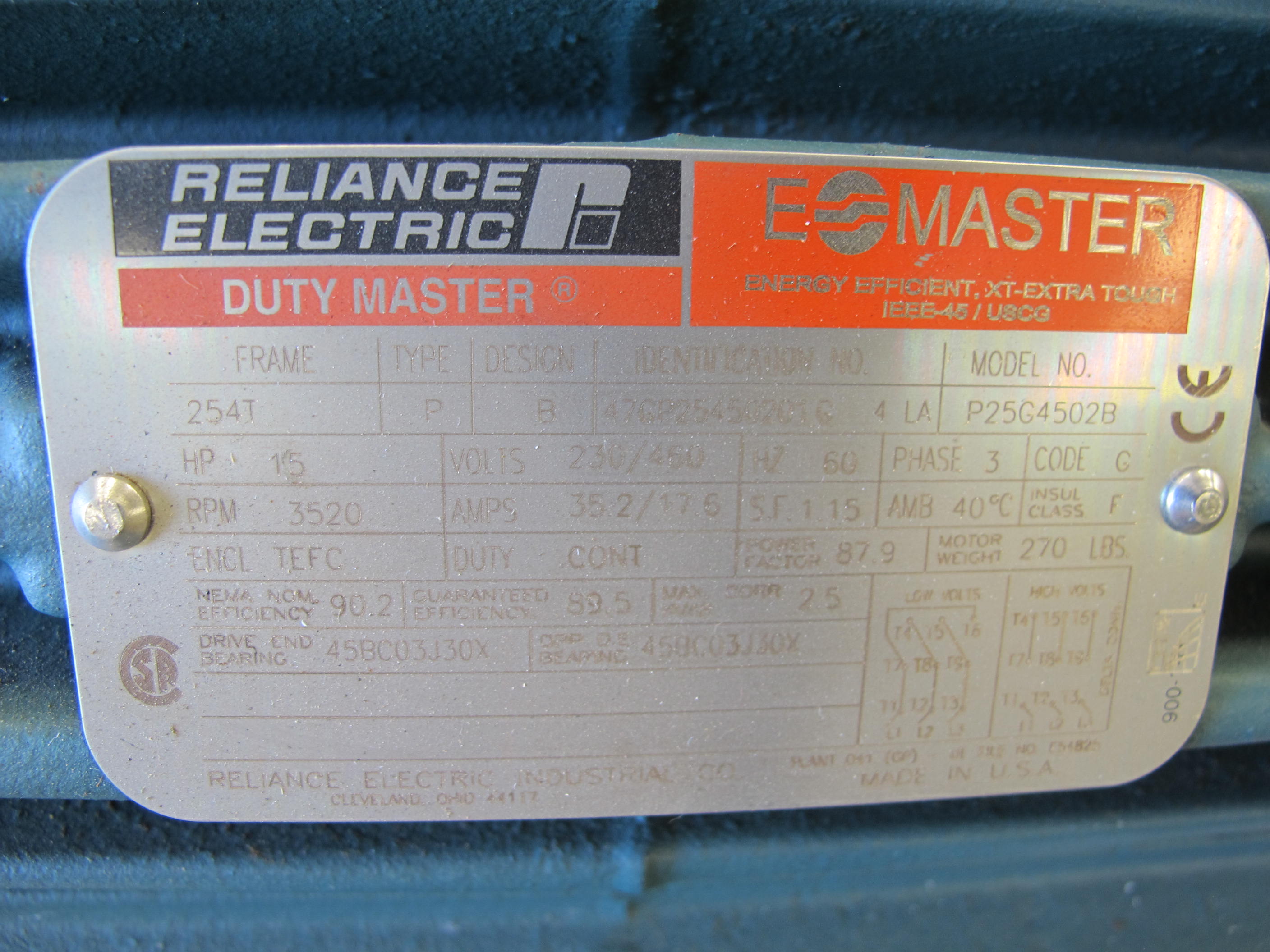 MOTOR, ELECTRIC TYPE, 15 HORSEPOWER, 460VAC 3 PHASE 60HZ ELEC RATING, 3600 RPM, 254T FRAME, 19 AMPS, TEFC-XT ENCLOSURE, CONTINUOUS DUTY. PART # 17YF281034 (W-44) LOADING & HANDLING FEE $15-